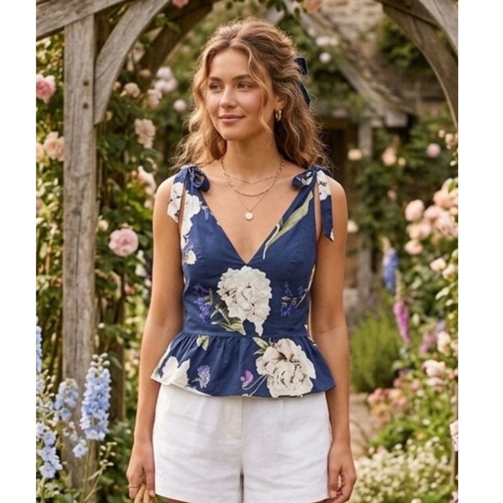 Y2K Express Floral Tie-Strap Peplum Cami Cottagecore M‎ Romantic Coquette Garden